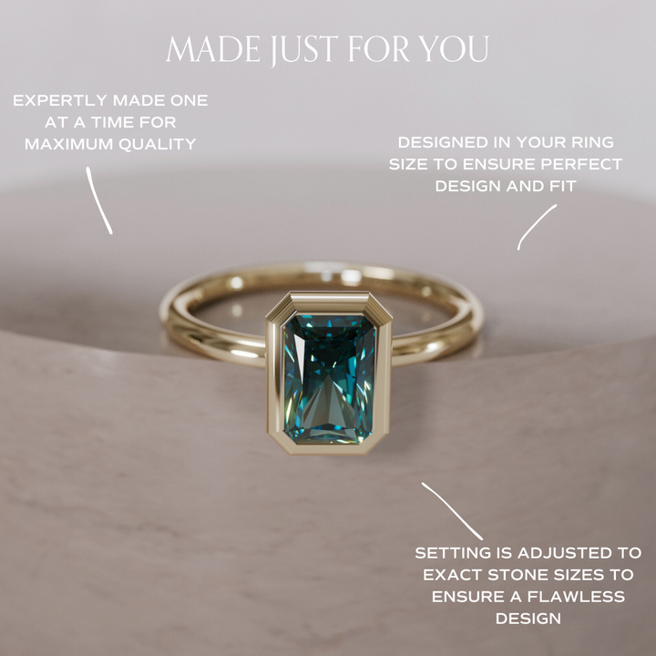 Unique Radiant Cut Teal Sapphire Engagement Ring Bezel Solitaire By Valley Rose