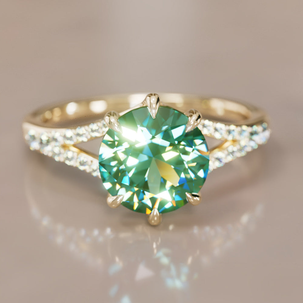 Unique Split Shank Engagement Ring with Green Sapphire By Valley Rose