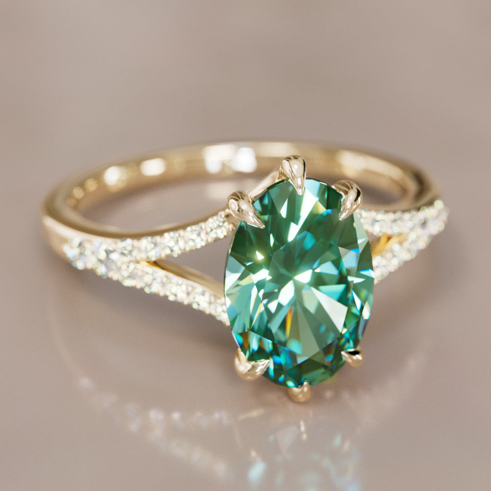 Unique Split Shank Engagement Ring with Oval Green Sapphire By Valley Rose