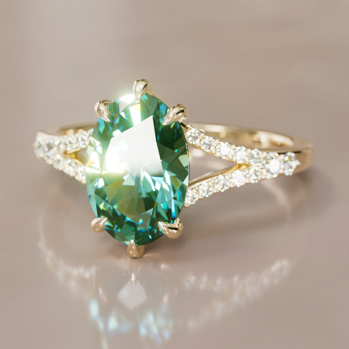 Unique Split Shank Engagement Ring with Oval Green Sapphire By Valley Rose