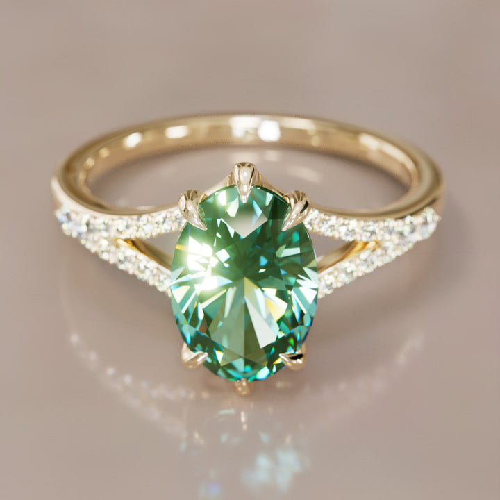Unique Split Shank Engagement Ring with Oval Green Sapphire By Valley Rose