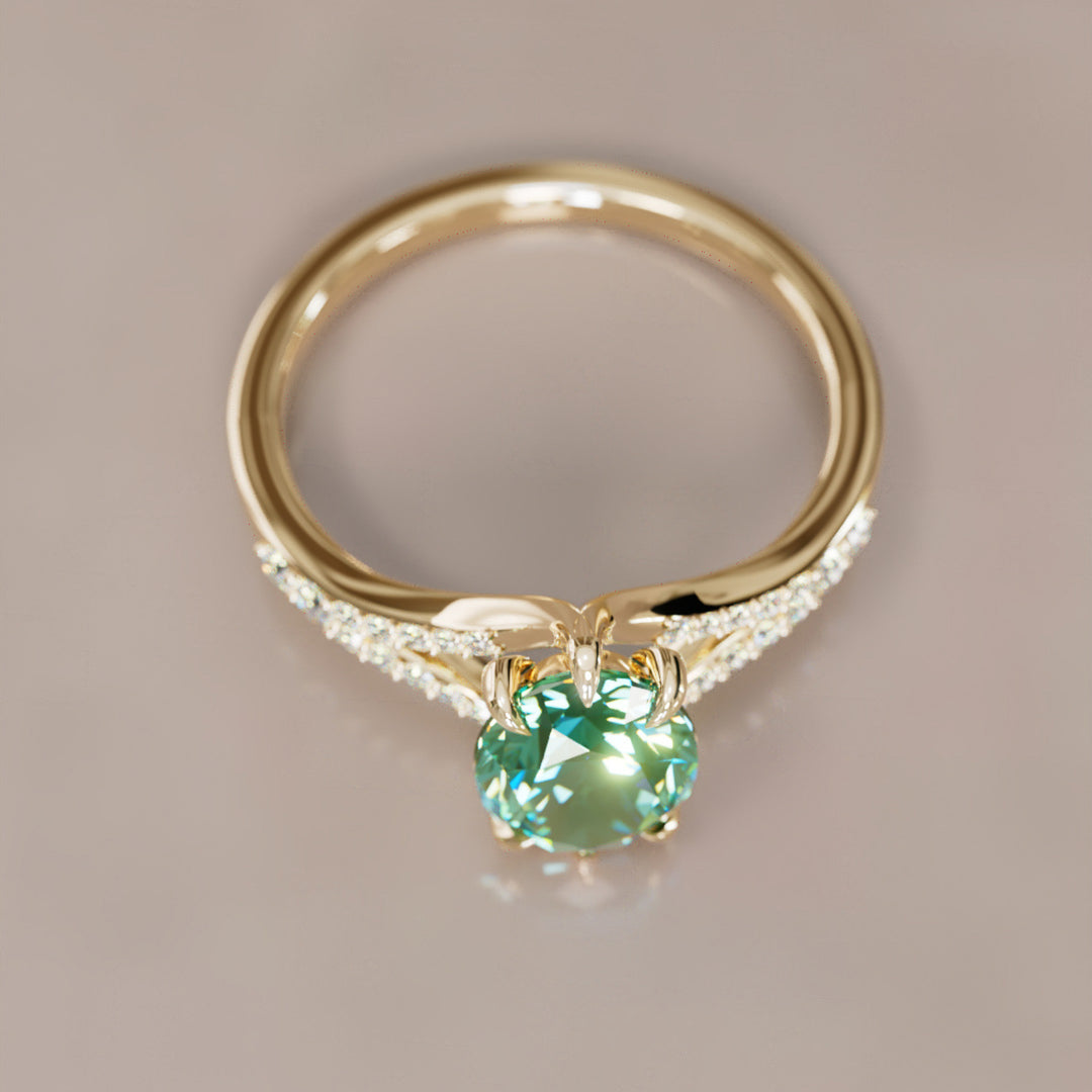 Unique Split Shank Engagement Ring with Oval Green Sapphire By Valley Rose