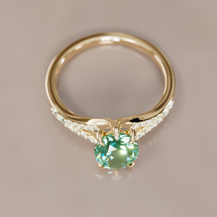 Unique Split Shank Engagement Ring with Oval Green Sapphire By Valley Rose