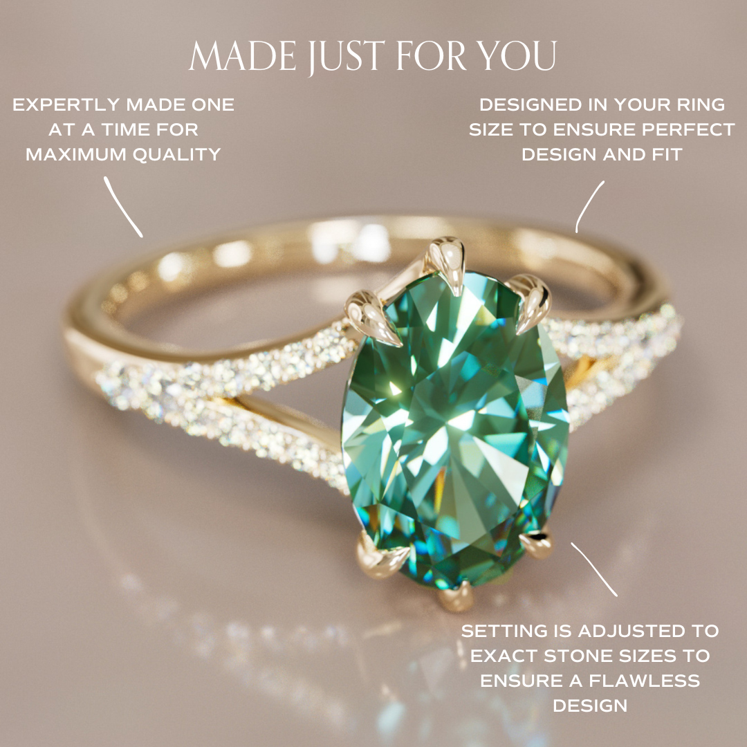 Unique Split Shank Engagement Ring with Oval Green Sapphire By Valley Rose