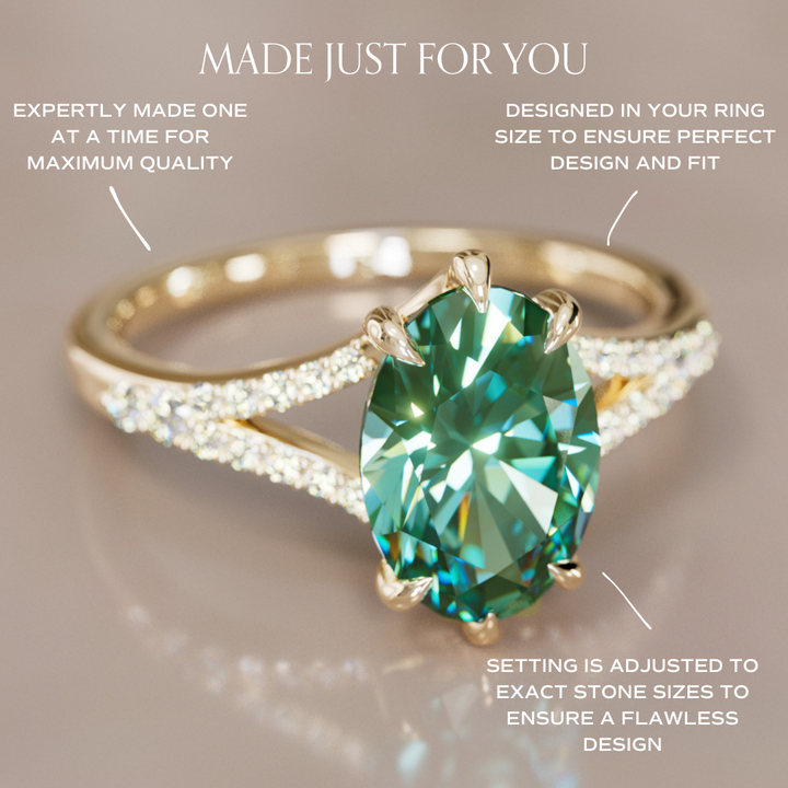 Unique Split Shank Engagement Ring with Oval Green Sapphire By Valley Rose
