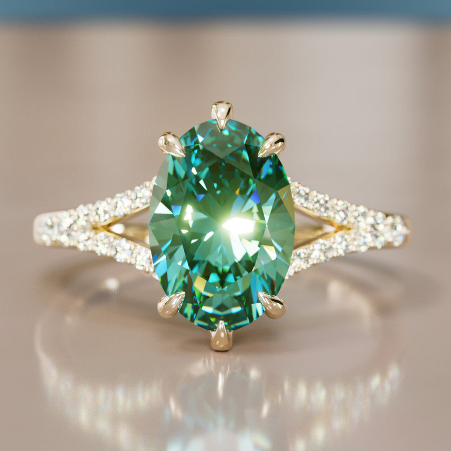 Unique Split Shank Engagement Ring with Oval Green Sapphire By Valley Rose
