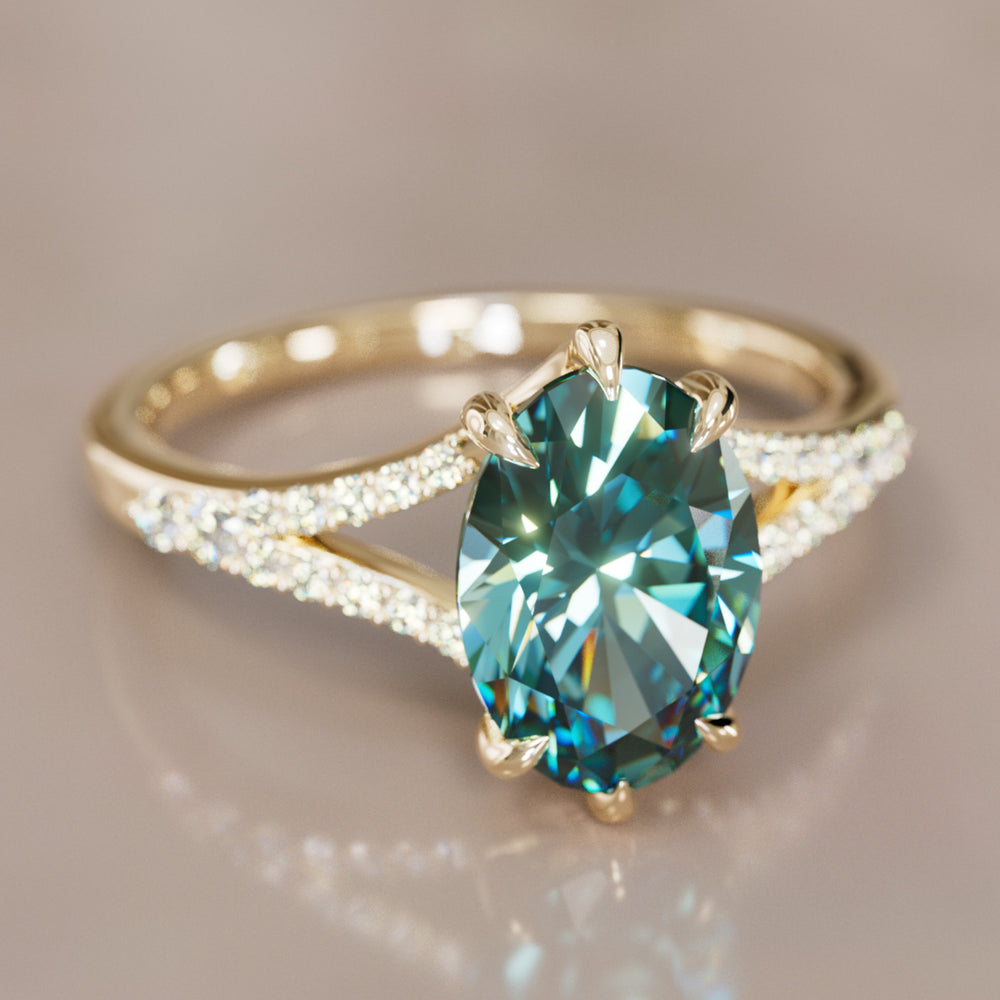Unique Split Shank Engagement Ring with Oval Teal Sapphire By Valley Rose