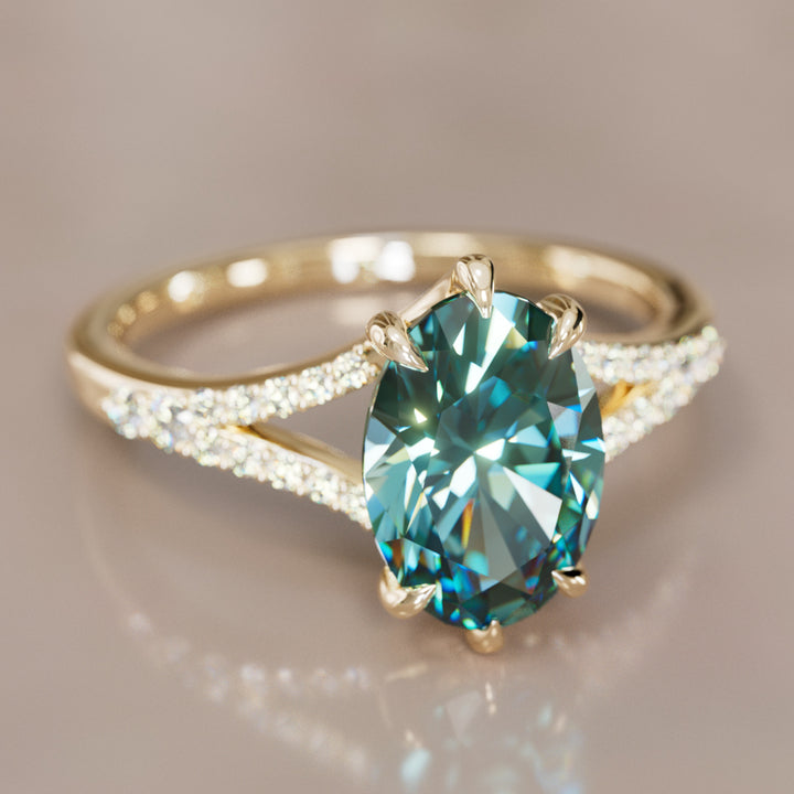 Unique Split Shank Engagement Ring with Oval Teal Sapphire By Valley Rose
