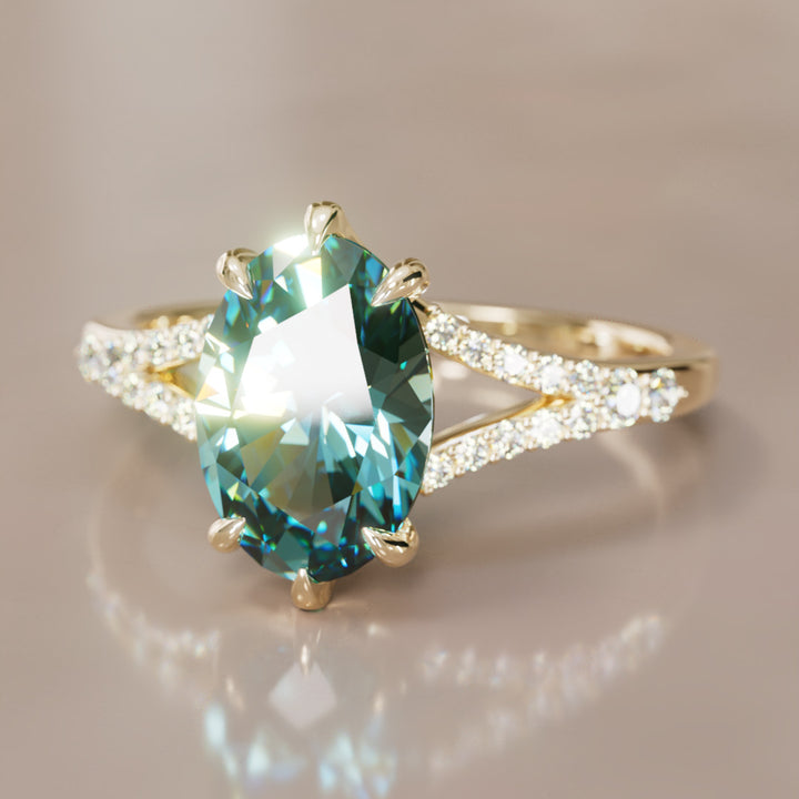 Unique Split Shank Engagement Ring with Oval Teal Sapphire By Valley Rose