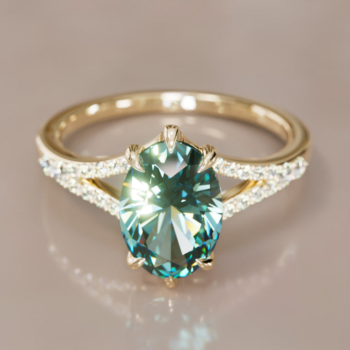Unique Split Shank Engagement Ring with Oval Teal Sapphire By Valley Rose