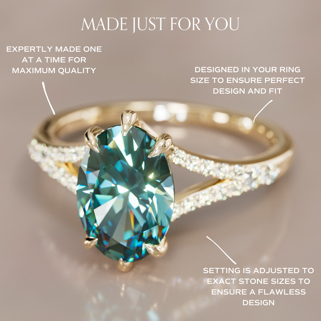 Unique Split Shank Engagement Ring with Oval Teal Sapphire By Valley Rose