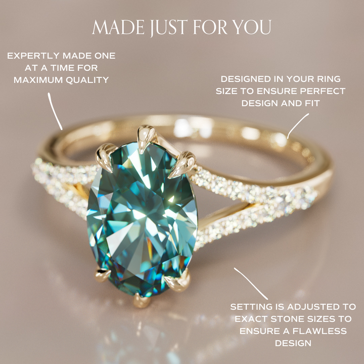 Unique Split Shank Engagement Ring with Oval Teal Sapphire By Valley Rose