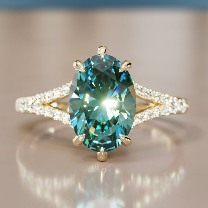 Unique Split Shank Engagement Ring with Oval Teal Sapphire By Valley Rose