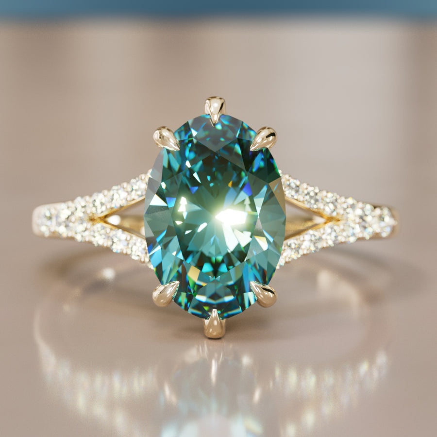Unique Split Shank Engagement Ring with Oval Teal Sapphire By Valley Rose