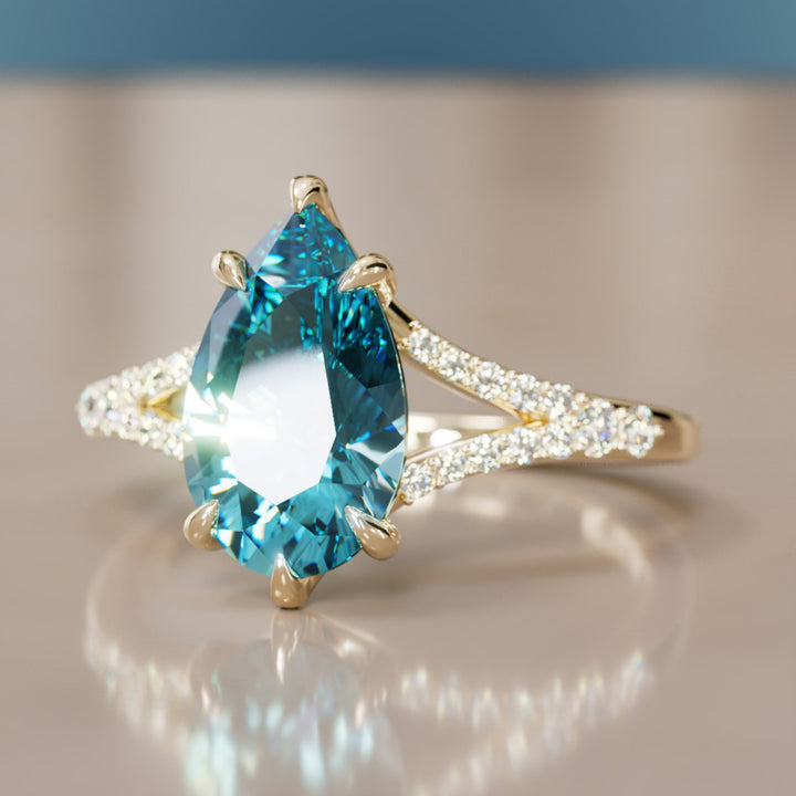 Unique Split Shank Engagement Ring with Pear Blue Sapphire By Valley Rose