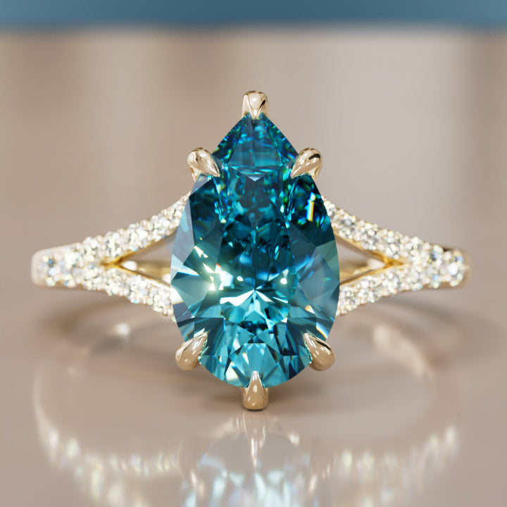 Unique Split Shank Engagement Ring with Pear Blue Sapphire By Valley Rose