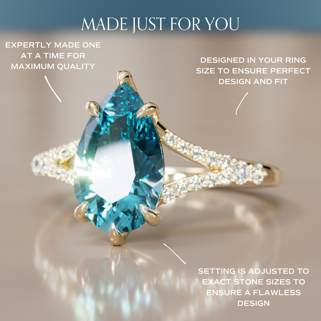 Unique Split Shank Engagement Ring with Pear Blue Sapphire By Valley Rose