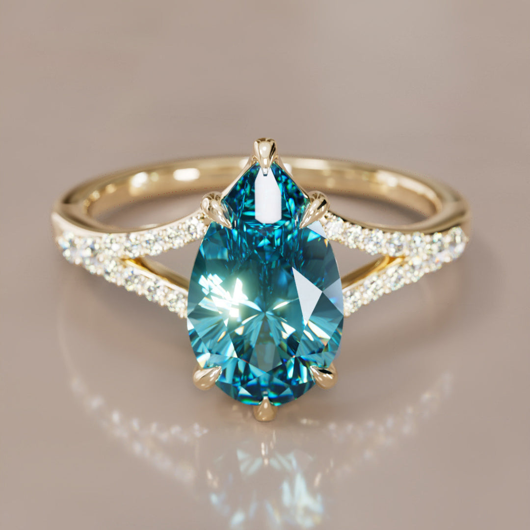 Unique Split Shank Engagement Ring with Pear Blue Sapphire By Valley Rose