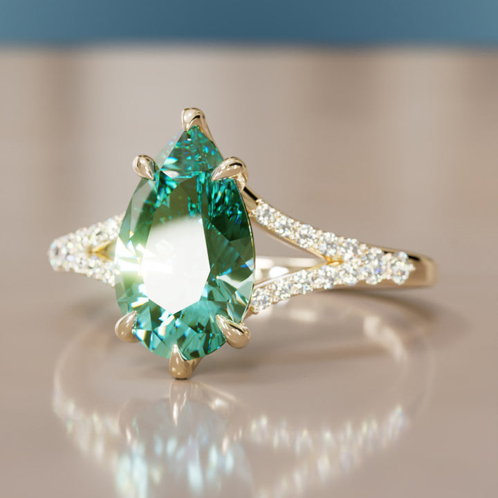 Unique Split Shank Engagement Ring with Pear Green Sapphire By Valley Rose
