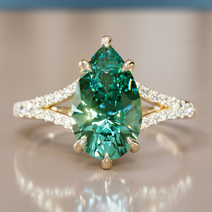 Unique Split Shank Engagement Ring with Pear Green Sapphire By Valley Rose