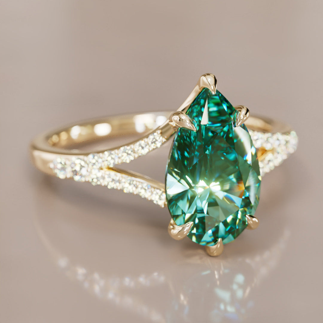 Unique Split Shank Engagement Ring with Pear Green Sapphire By Valley Rose