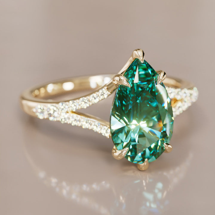 Unique Split Shank Engagement Ring with Pear Green Sapphire By Valley Rose