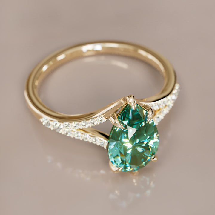 Unique Split Shank Engagement Ring with Pear Green Sapphire By Valley Rose