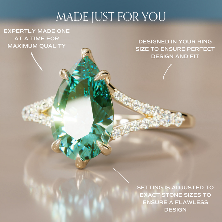 Unique Split Shank Engagement Ring with Pear Green Sapphire By Valley Rose