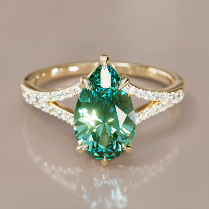 Unique Split Shank Engagement Ring with Pear Green Sapphire By Valley Rose