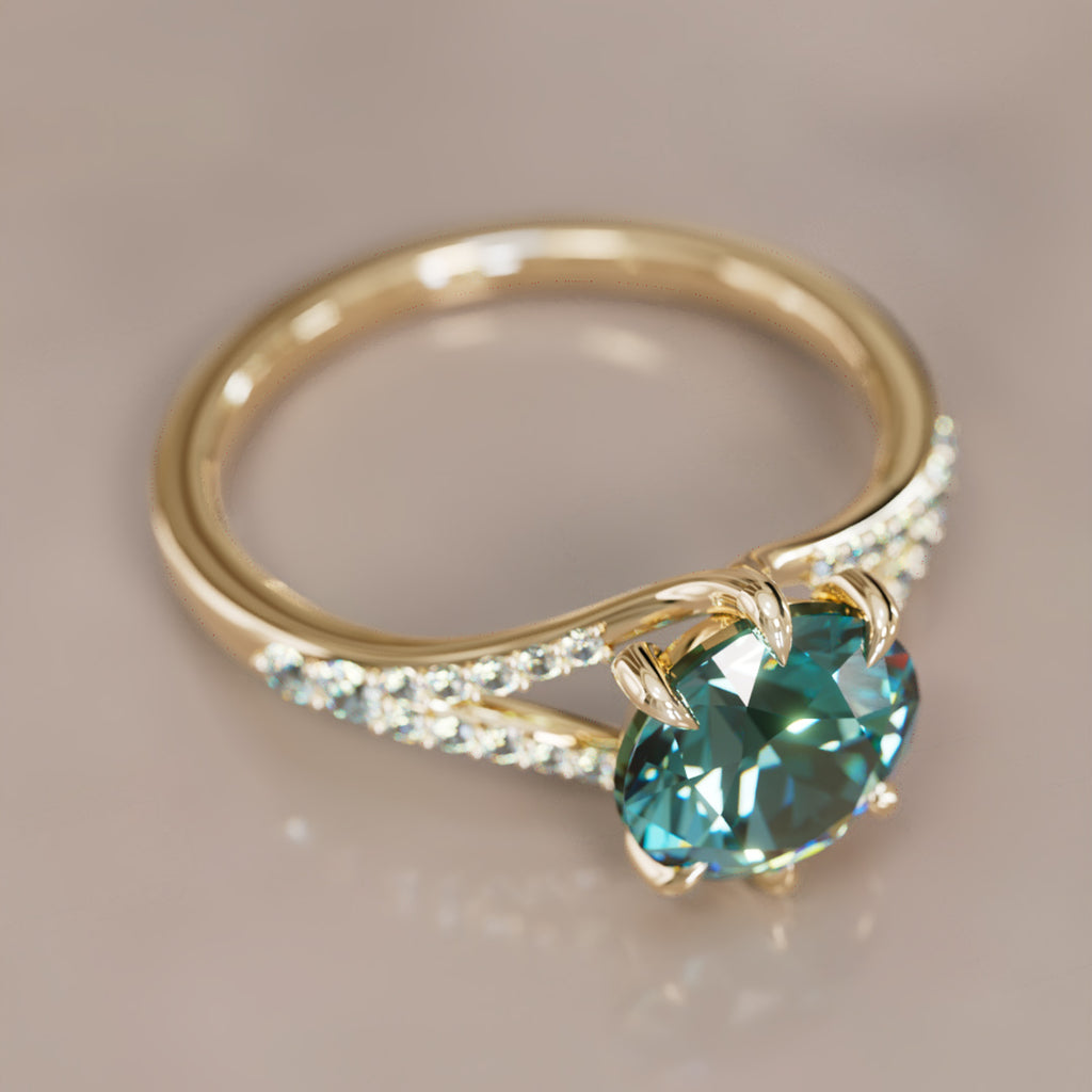 Unique Split Shank Engagement Ring with Teal Sapphire By Valley Rose