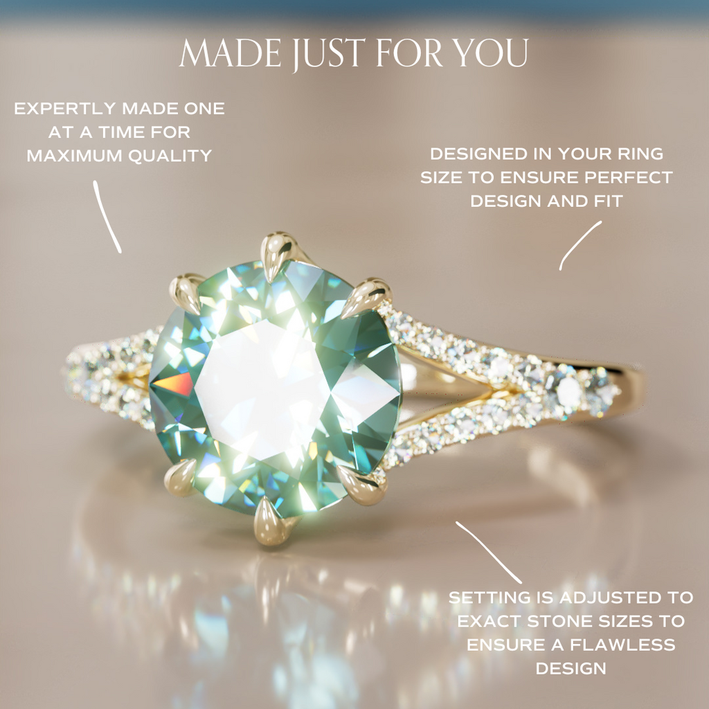Unique Split Shank Engagement Ring with Teal Sapphire By Valley Rose