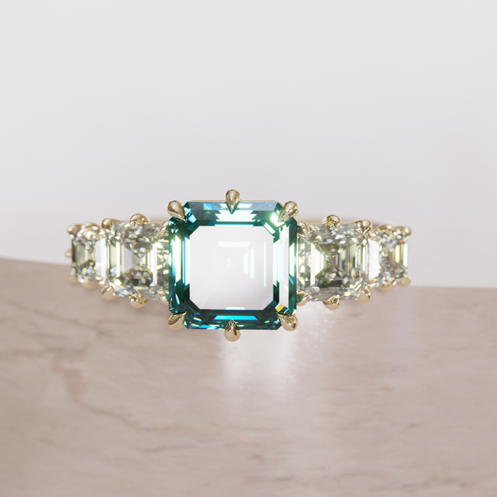 Unique Teal Sapphire and Diamond Engagement Ring, Asscher Cut Five Stone By Valley Rose