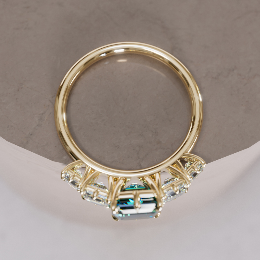 Unique Teal Sapphire and Diamond Engagement Ring, Asscher Cut Five Stone By Valley Rose