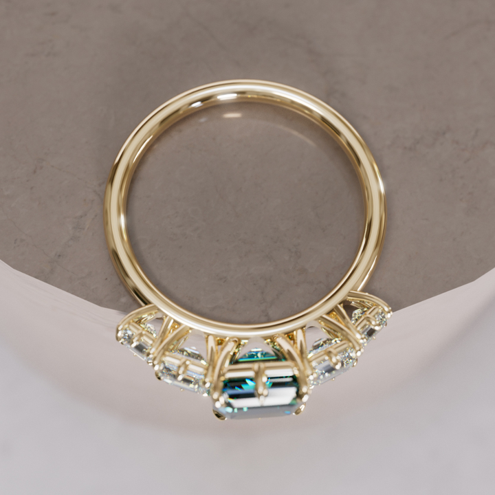 Unique Teal Sapphire and Diamond Engagement Ring, Asscher Cut Five Stone By Valley Rose