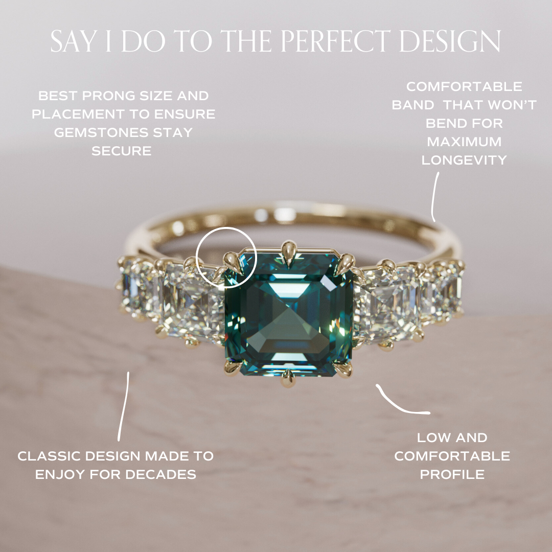 Unique Teal Sapphire and Diamond Engagement Ring, Asscher Cut Five Stone By Valley Rose