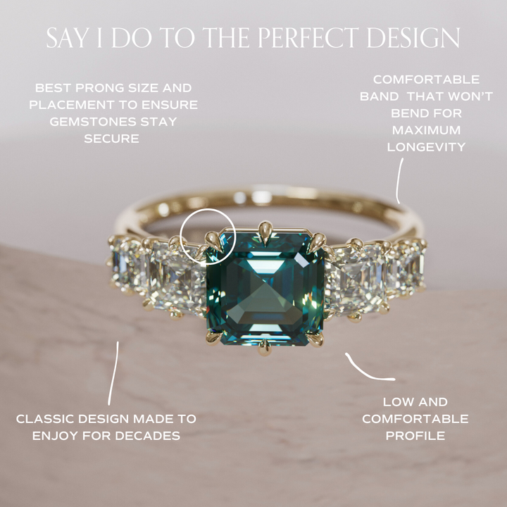 Unique Teal Sapphire and Diamond Engagement Ring, Asscher Cut Five Stone By Valley Rose