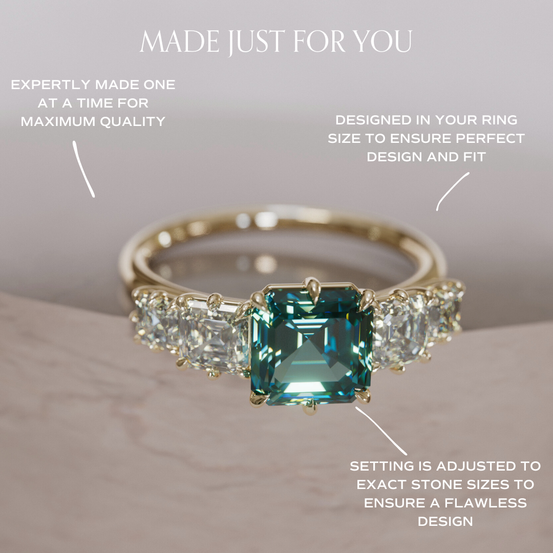 Unique Teal Sapphire and Diamond Engagement Ring, Asscher Cut Five Stone By Valley Rose