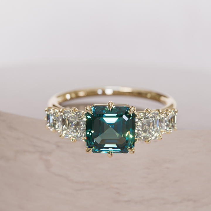 Unique Teal Sapphire and Diamond Engagement Ring, Asscher Cut Five Stone By Valley Rose