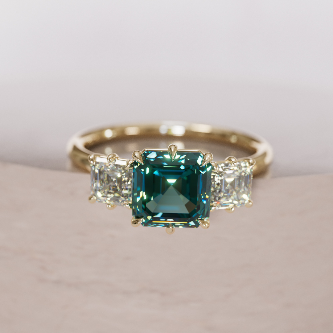 Unique Teal Sapphire and Diamond Engagement Ring, Asscher Cut Three Stone By Valley Rose