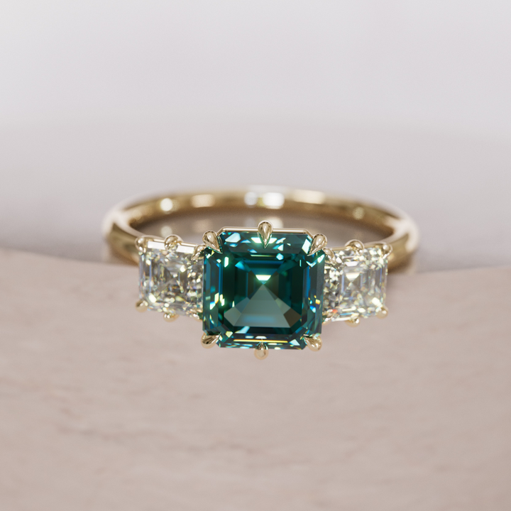 Unique Teal Sapphire and Diamond Engagement Ring, Asscher Cut Three Stone By Valley Rose