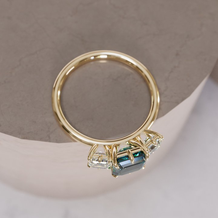 Unique Teal Sapphire and Diamond Engagement Ring, Asscher Cut Three Stone By Valley Rose