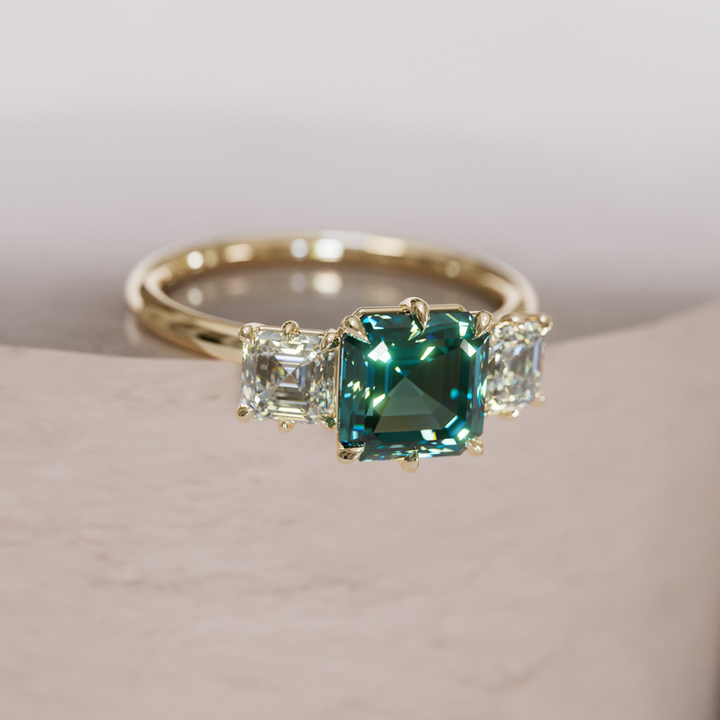 Unique Teal Sapphire and Diamond Engagement Ring, Asscher Cut Three Stone By Valley Rose