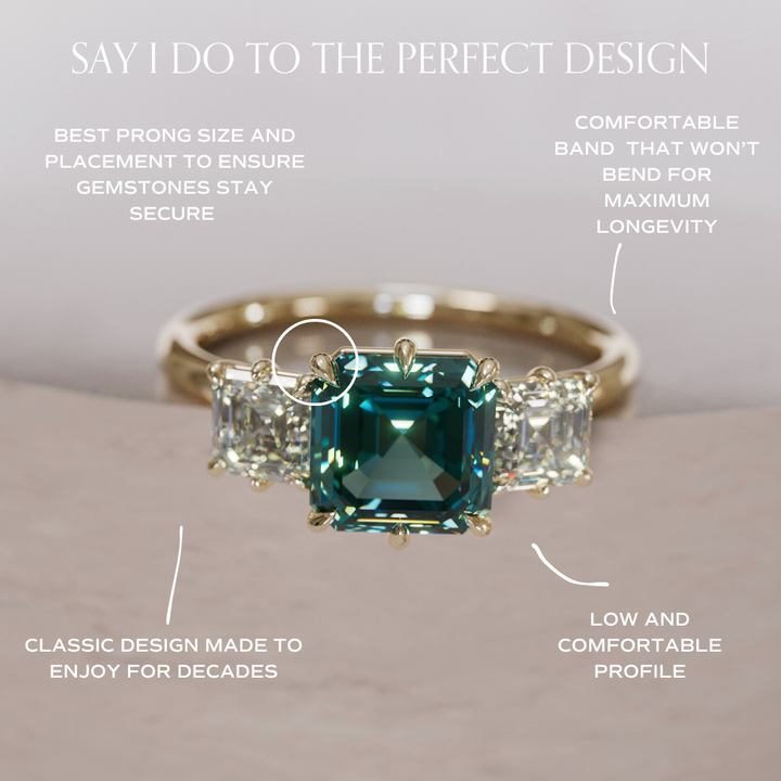 Unique Teal Sapphire and Diamond Engagement Ring, Asscher Cut Three Stone By Valley Rose