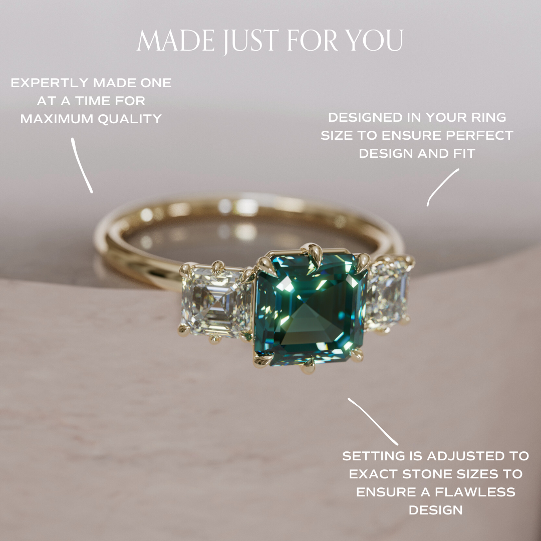 Unique Teal Sapphire and Diamond Engagement Ring, Asscher Cut Three Stone By Valley Rose