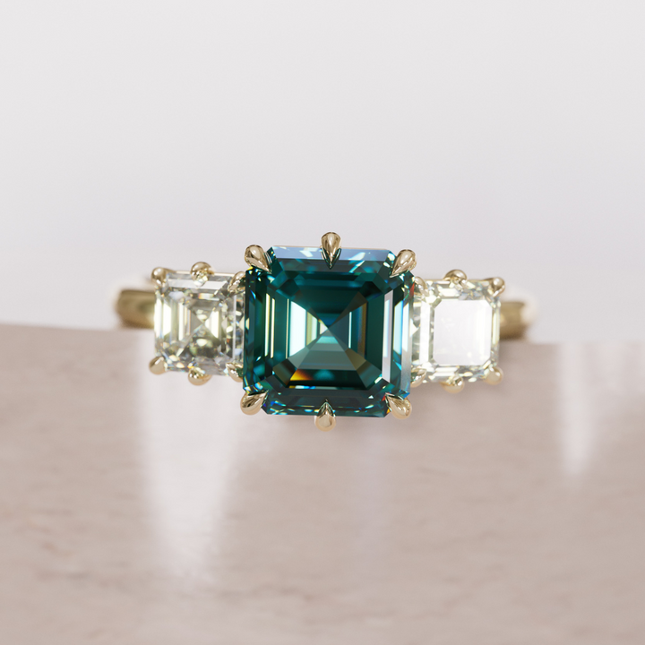 Unique Teal Sapphire and Diamond Engagement Ring, Asscher Cut Three Stone By Valley Rose