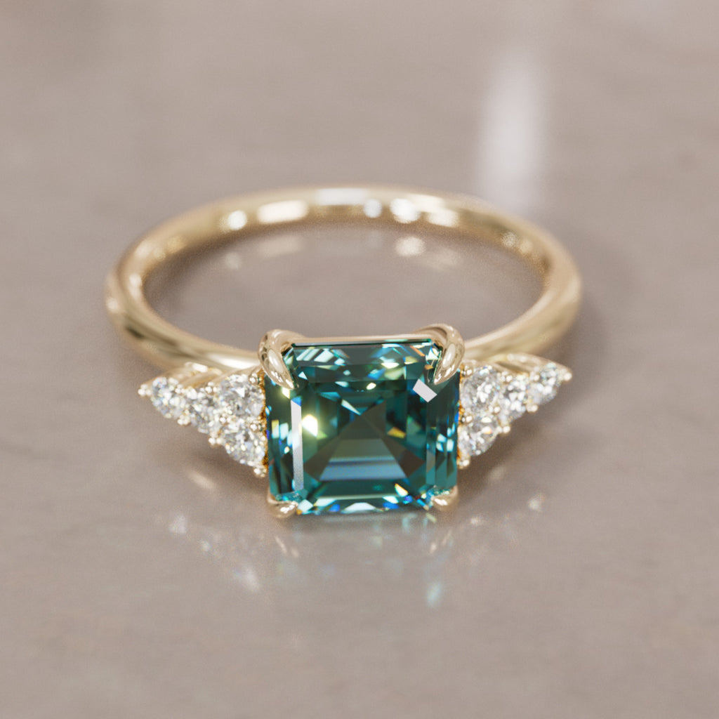 Unique Teal Sapphire and Diamond Engagement Ring, Asscher Cut Three Stone By Valley Rose