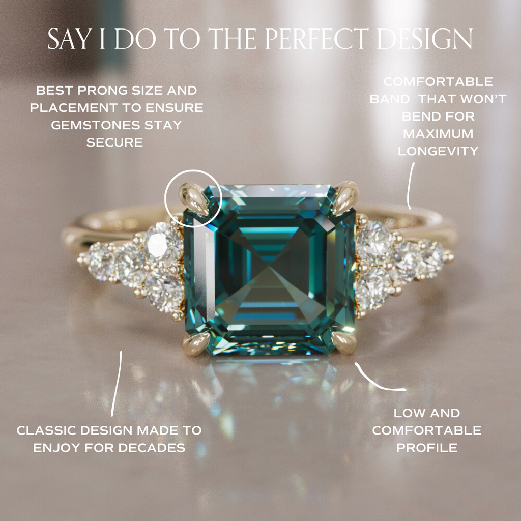 Unique Teal Sapphire and Diamond Engagement Ring, Asscher Cut Three Stone By Valley Rose