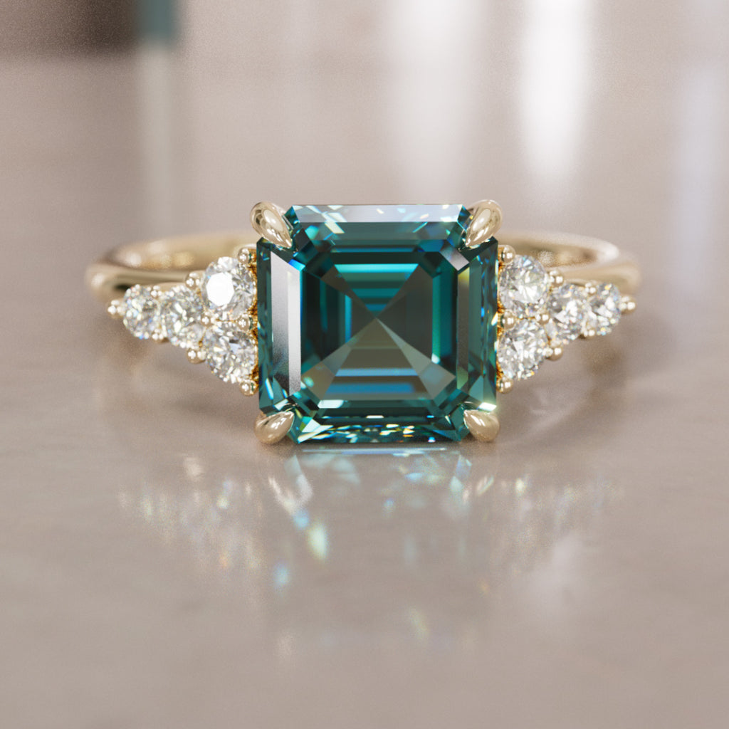 Unique Teal Sapphire and Diamond Engagement Ring, Asscher Cut Three Stone By Valley Rose