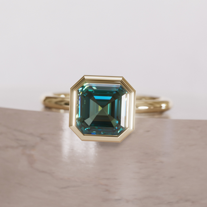Unique Teal Sapphire Engagement Ring, Asscher Cut Bezel Set By Valley Rose