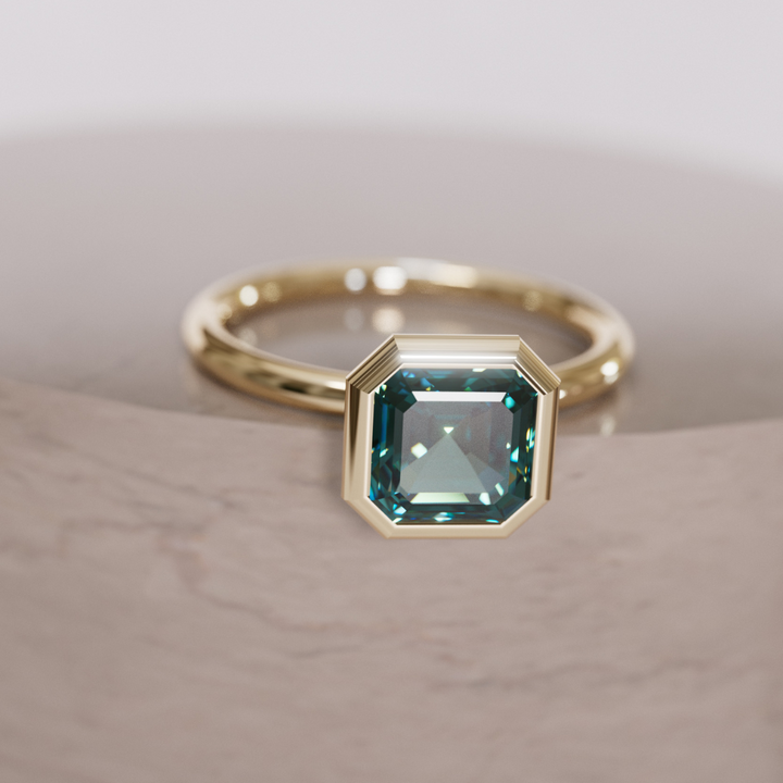 Unique Teal Sapphire Engagement Ring, Asscher Cut Bezel Set By Valley Rose